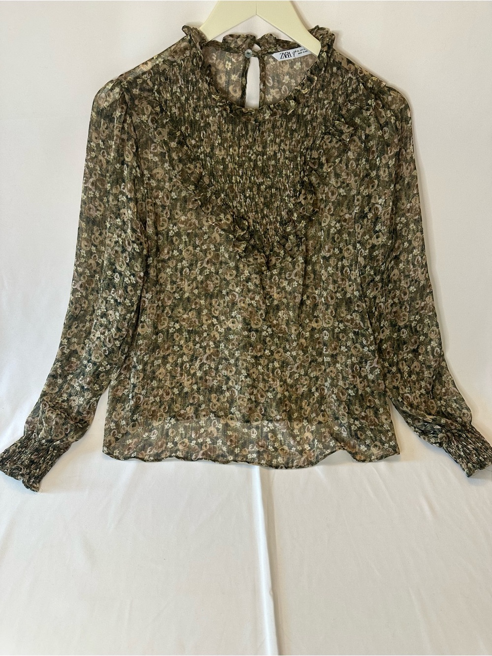 Zara Floral Ruffle Smocked Mock Neck Blouse Long Sleeve Top Womens X Large Sheer